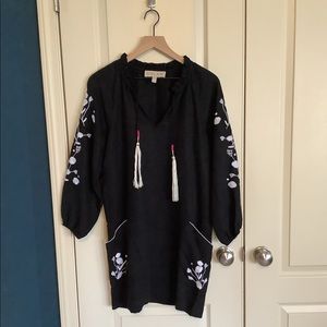 Anthropologie Dolan Longsleeve Black Dress Floral Embroidery Tassel Small